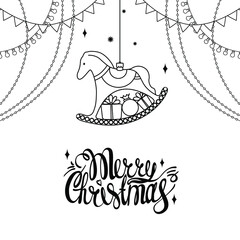 Christmas tree decoration in the form of a horse. New year's illustration. Vector. White background. Lettering. Merry Cristmas. Garlands. 
