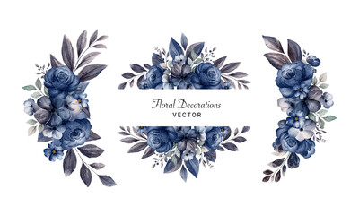 Set of watercolor floral arrangements of navy blue roses and leaves. Botanic decoration illustration for wedding card, fabric, and logo composition