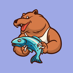 cartoon animal design bear holding fish cute mascot logo