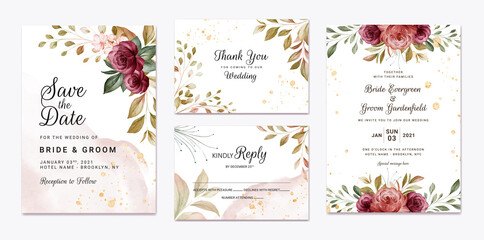 Floral wedding invitation template set with brown and burgundy roses flowers and leaves decoration. Botanic card design concept