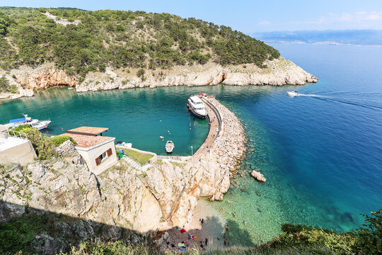 View from the old town of Vrbnik to harbour and beach on dalmatian coastline of adriatic sea, Island Krk, Croatia Europe