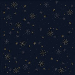 Merry Christmas seamless pattern. Golden snow falling on dark blue night sky background. Winter snowfall magic texture. New year decoration. Card fabric wallpaper wrapping design. Vector illustration.