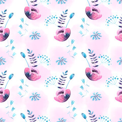 Pink and blue watercolor flowers on a light pink and white background. Watercolor seamless summer pattern. Cute poppies and herbs.