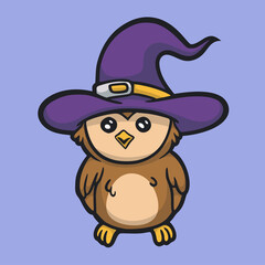 cartoon animal design an owl wearing a witch's hat cute mascot logo