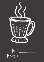 vector decorative christmas greetings card template with cute cup. christmas festive texture greetings card background with chalkboard effect. winter holiday background.