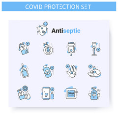 Hand sanitizing line icons set. Types of hand sanitizers. Pocket, non alcohol, organic and more.Hygiene and disinfection concept.Covid19 spread prevention.Isolated vector illustration.Editable stroke 