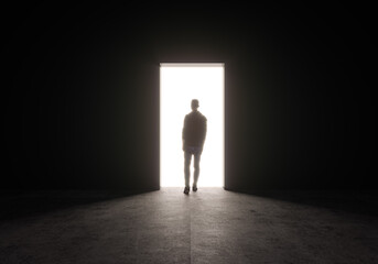 3D rendering illustration of man silhouette in front of door shape walking trough light