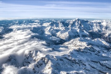 Fototapeta na wymiar Aerial view of the snow-capped mountain range of the Alps with Mont Blanc on the French-Italian Border.