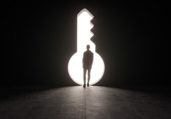 3D rendering illustration of man silhouette in front of key shape walking trough light
