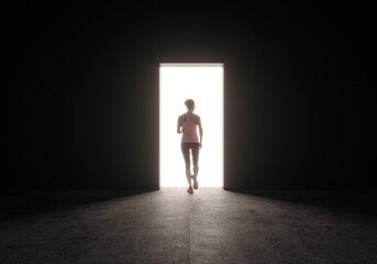 3D rendering illustration of girl silhouette in front of door shape running trough light