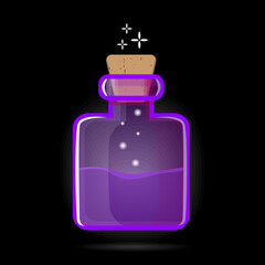 Bottle with Magic Potion. Elements for Game Design, RPG, Icons. Square Shape and Purple Color Pot with Magical Elixir of Wish. Vector illustration Isolated on black.