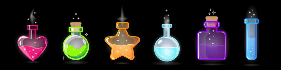 Set of Bottles with Magic Potion. Elements for Game Design, RPG, Icons. Different Shapes and Colors Pots with Magical Elixir of Love or Poison. Vector illustration Isolated on black.