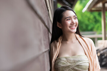 Fototapeta premium Sexy Woman Wear Traditional Dress Happy Smiling, Smiling Asian Woman, Sexy Beautiful Girl