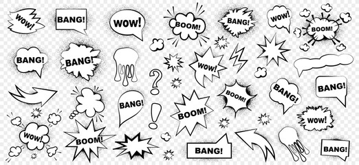 Retro comic bubbles and elements set with black halftone shadows on transparent background. Vector illustration, vintage design, pop art style.