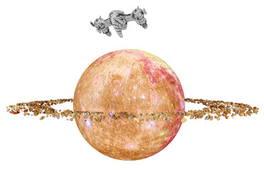 Raumschiff und Planet mit einem Ringsystem in einer fernen Welt, Freisteller © Michael Rosskothen