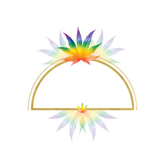 Obraz premium Semi-circular frame with rainbow hemp leaves and gold edging. Watercolor illustration on a white background.