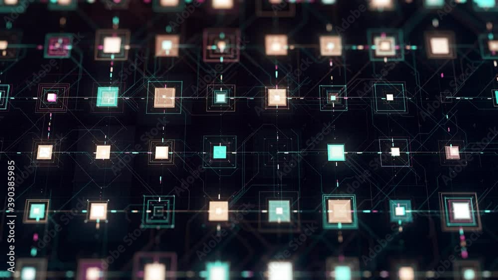 Poster data processing in circuit board abstract server. animation. data moves in the form of moving lines 