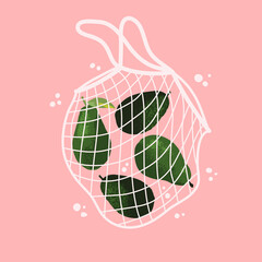 Vector illustration of bright avocadoes in reusable grocery shopping bag