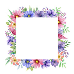 Watercolor wildflowers square frame, floral border. Violet and pink summer flowers decoration, temlate for invitatiuon, card design. Illustration isolated on white background