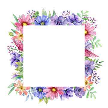 Watercolor wildflowers square frame, floral border. Violet and pink summer flowers decoration, temlate for invitatiuon, card design. Illustration isolated on white background