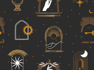 Hand drawn vector abstract flat stock graphic icon illustrations seamless pattern with celestial moon phases,sun and stars in arch mystic and simple collage shapes isolated on black background © anastasy_helter