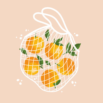 Vector Illustration Of Bright Oranges In Reusable Grocery Shopping Bag