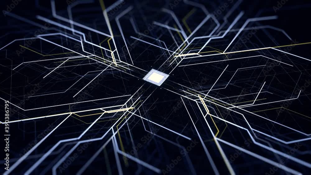 Poster abstract pattern with microchip circuit board on black background. animation. futuristic technologic