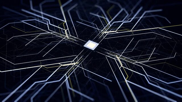 Abstract pattern with microchip circuit board on black background. Animation. Futuristic technological background with colorful process of machine learning.