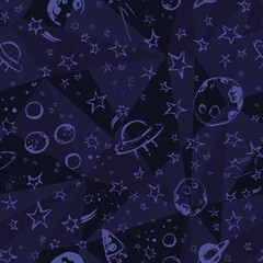 Vector space pattern with planets, stars, rocket, ufo, comets on dark blue polygonal background. Seamless pattern can be used for wallpaper, pattern fills, web page background, surface.