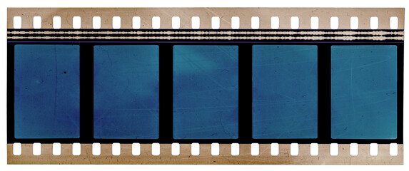 scratched 35mm cine film strip with empty blue frames isolated on white backgroud with cool texture...