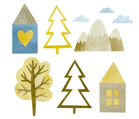 Satz Aquarellelemente Haus, Tanne, Baum, Berge isoliert auf weißem Hintergrund.