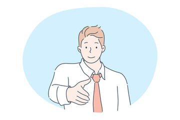 Meeting, greeting, business deal, recruitment, employment concept. Smiling businessman cartoon character clerk manager boss making hand introduction. Agreement with colleagues or partners illustration