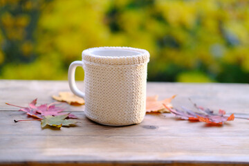 beverage, coffee in a mug, leaves, foliage on the wooden table in the garden, beautiful blurred natural landscape in the background, good weather concept, outdoor tea party, cozy autumn mood