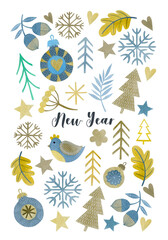 Watercolor greeting card Happy New Year, Merry Christmas.