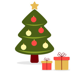 Christmas tree and gifts. Vector illustration.