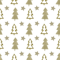 Obraz premium Watercolor seamless pattern with Christmas tree, stars. Background for new year, merry christmas.