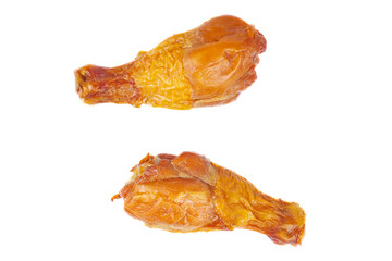 Two smoked chicken legs on a white background.