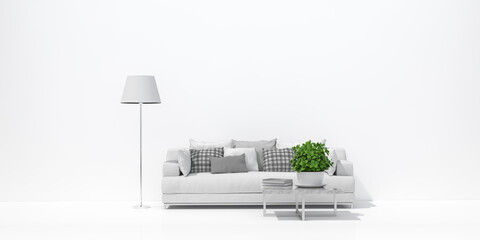 Livingroom interior wall mock up with white wall, gray sofa, lamp and green plant on empty white background 3d rendering. 3d illustration template contemporary interior design minimal style concept.