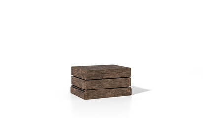 Wooden crate on white background for product display stand or used in other designs 3d rendering. 3d illustration box podium stage backdrop template minimal style concept.