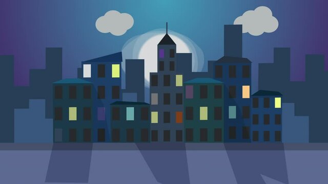 2D Animation of a flat cartoon night city. Bright light window on dark buildings