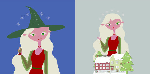 Santa girl, christmas postcard for your design.Vector illustration, postcard, banner, print.Christmas.magic, miracles.santa.snow