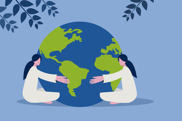 Conceptual illustration of two young people hugging the planet Earth