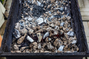 Smoldering coals in the grill. Gray and black charcoal and ash background. Barbeque around the house.