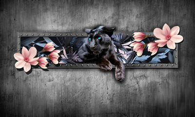 3D Panther in tropical leaves with Magnolia on the background of a dark wall in the loft style. - 390391122