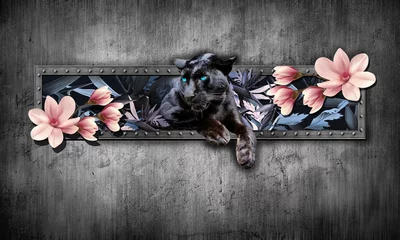 Fotobehang Panter 3D Panther in tropical leaves with Magnolia on the background of a dark wall in the loft style.  © Katrine_arty