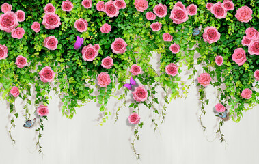 3D pink roses with butterflies on a living wall of greenery. - 390391141