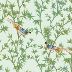 Fototapety  Bambusowy wzór krzewu z ptakami do tkanin, papieru, tapety