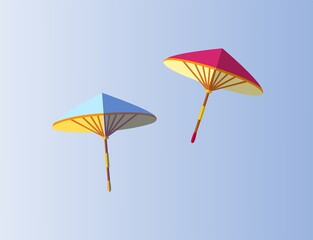 Twin wooden umbrella floating in the sky