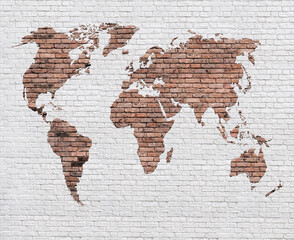 Brick map of the world on brick wall background - 390391540