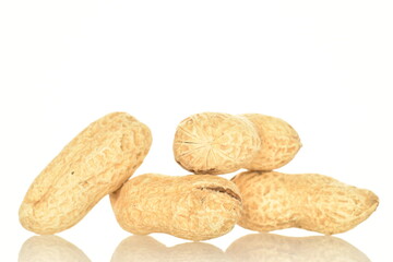 Unpeeled organic peanuts, close-up, on a white background.